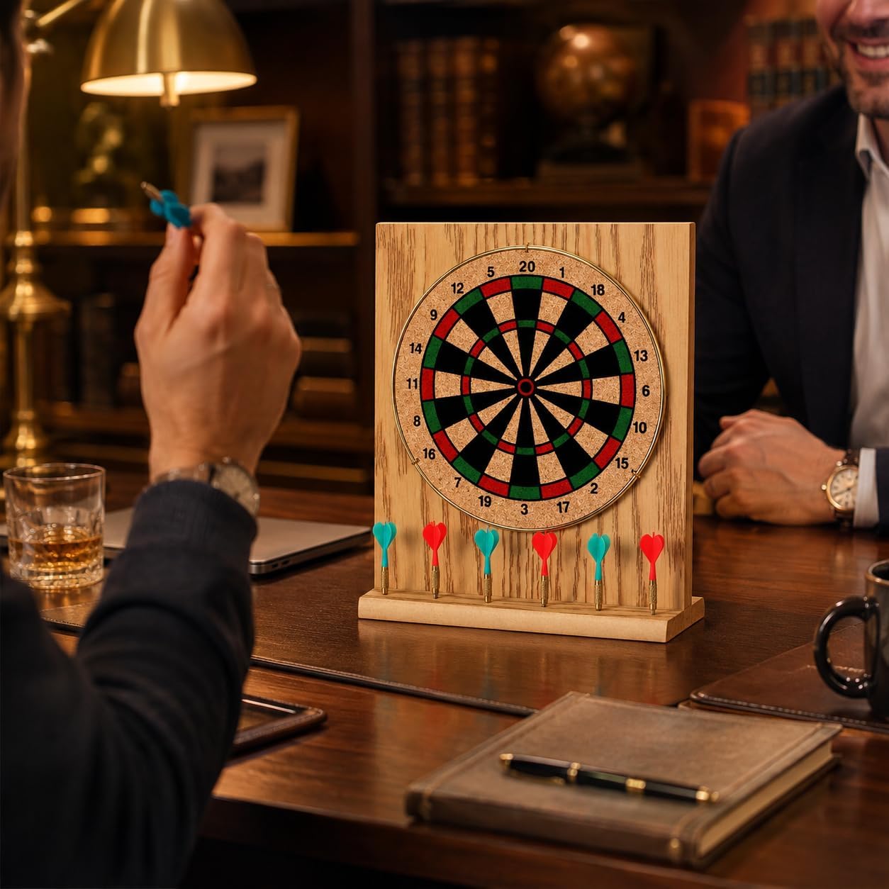 6" Executive Desktop Dart Set – Compact Office Dartboard Game, Wood Finish Mini Dartboard with Darts, Fun Desk Toy for Home, Office & Gifts image 2