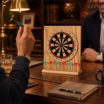 6 Executive Desktop Dart Set Compact Office Dartboard Game, Wood Finish Mini Dartboard with Darts, Fun Desk Toy for Home, Office & Gifts