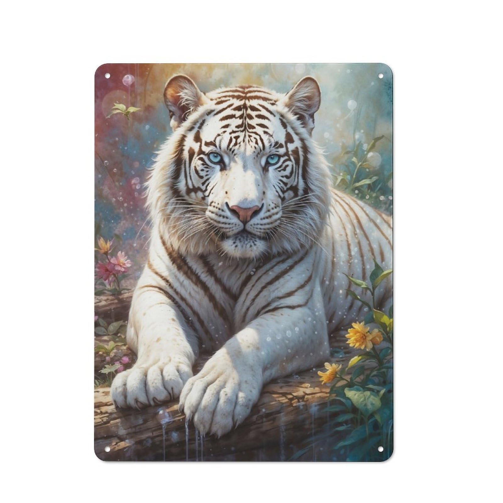 White Tiger with Blue Eyes Rustic Metal Sign 40x30cm for Hobby Room Or Studio, Suited to Hobby Room Decor Fans