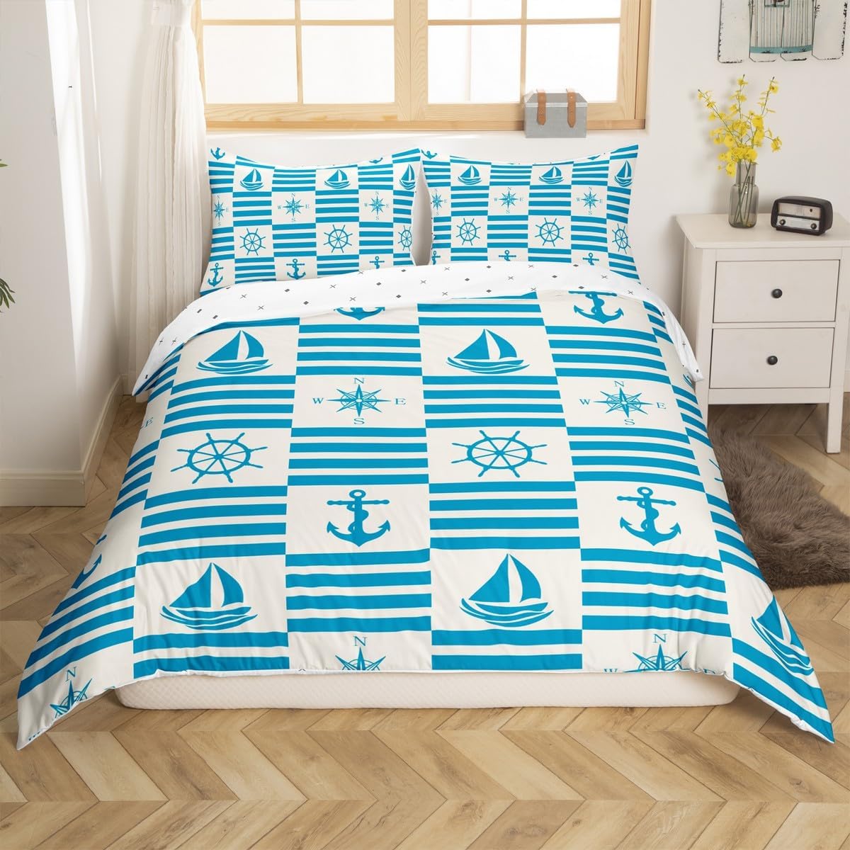 jejeloiu Boys Girls Anchor Duvet Cover Toddler Size, Ocean Bedding Set Blue Striped Comforter Cover Kids Teens Bedroom Decor Bed Set with 1 Pillow Case (No Comforter)