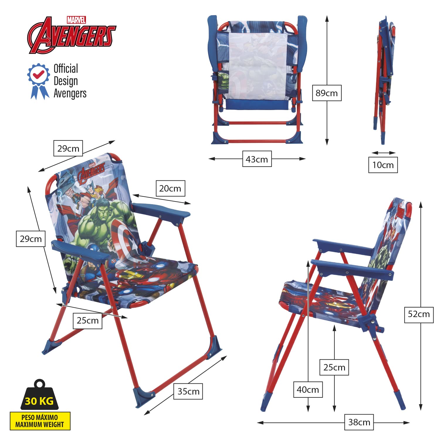 Avengers Chaise Pliante pour Enfant en Métal Dimensions: 38x32x53cm, Tissu, 38 x 32 x 53 cm