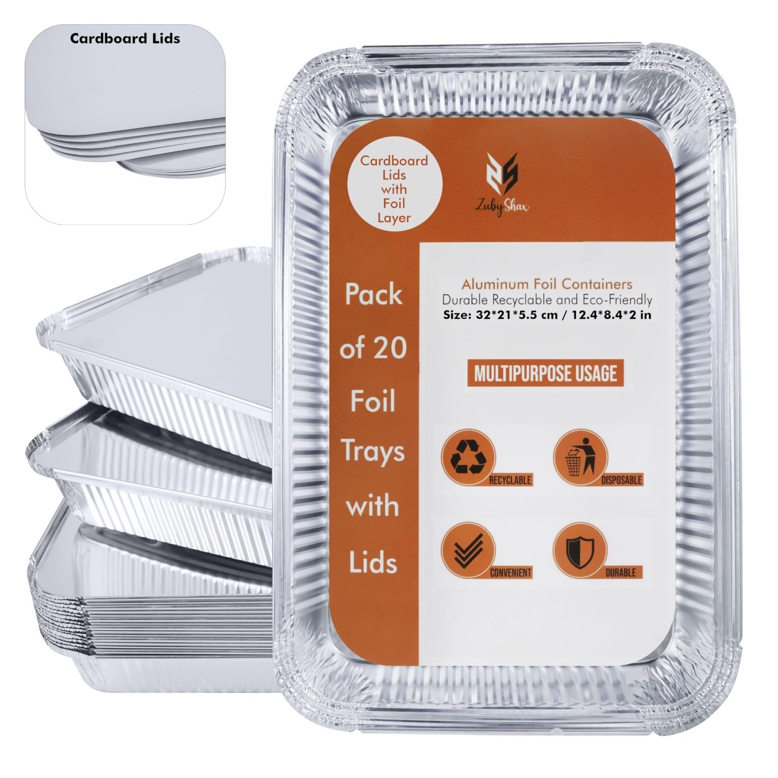 ZubyShax 20 Pack Large Aluminium Foil Trays -(32 * 21 * 5.5cm)/2300ml Tin Foil Trays with Lids for Oven use, Food Storage,BBQ,Roasting and Baking
