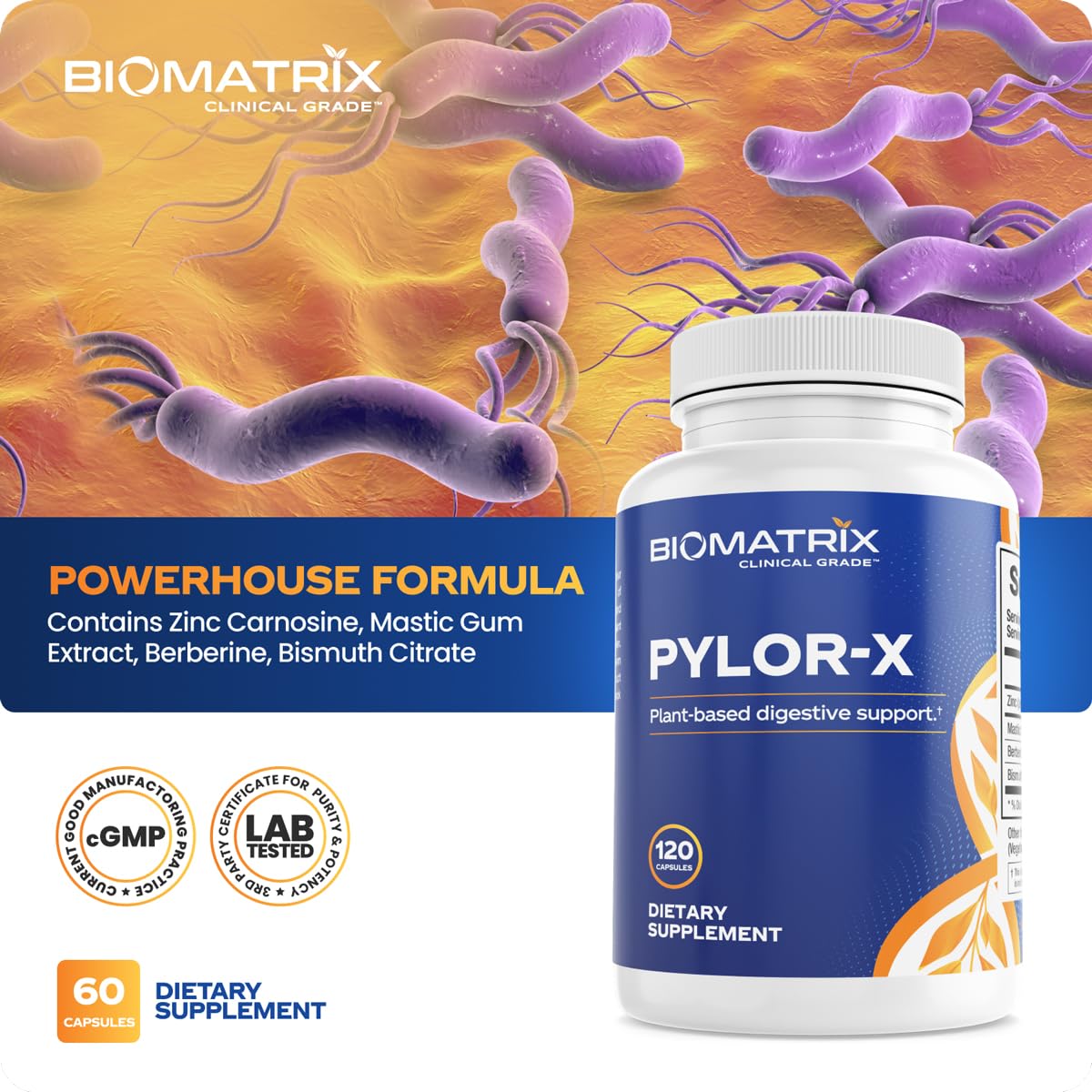BioMatrix H Pylori Supplement, Mastic Gum, Berberine, Zinc Carnosine & Bismuth Salts, Probiotic Alternative, Gut Formula, 120 Capsules, 30-60 Day Supply — Amazon image 4