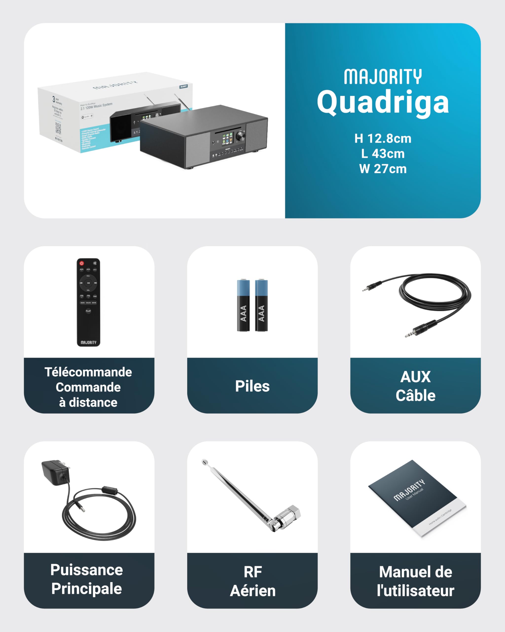 Radio Internet, Lecteur CD, Radio FM Dab+ et Caisson de Basses Puissant | Système Stéréo 2.1 120W | Bluetooth Activé | Spotify Connect et Podcasts | MAJORITY Quadriga