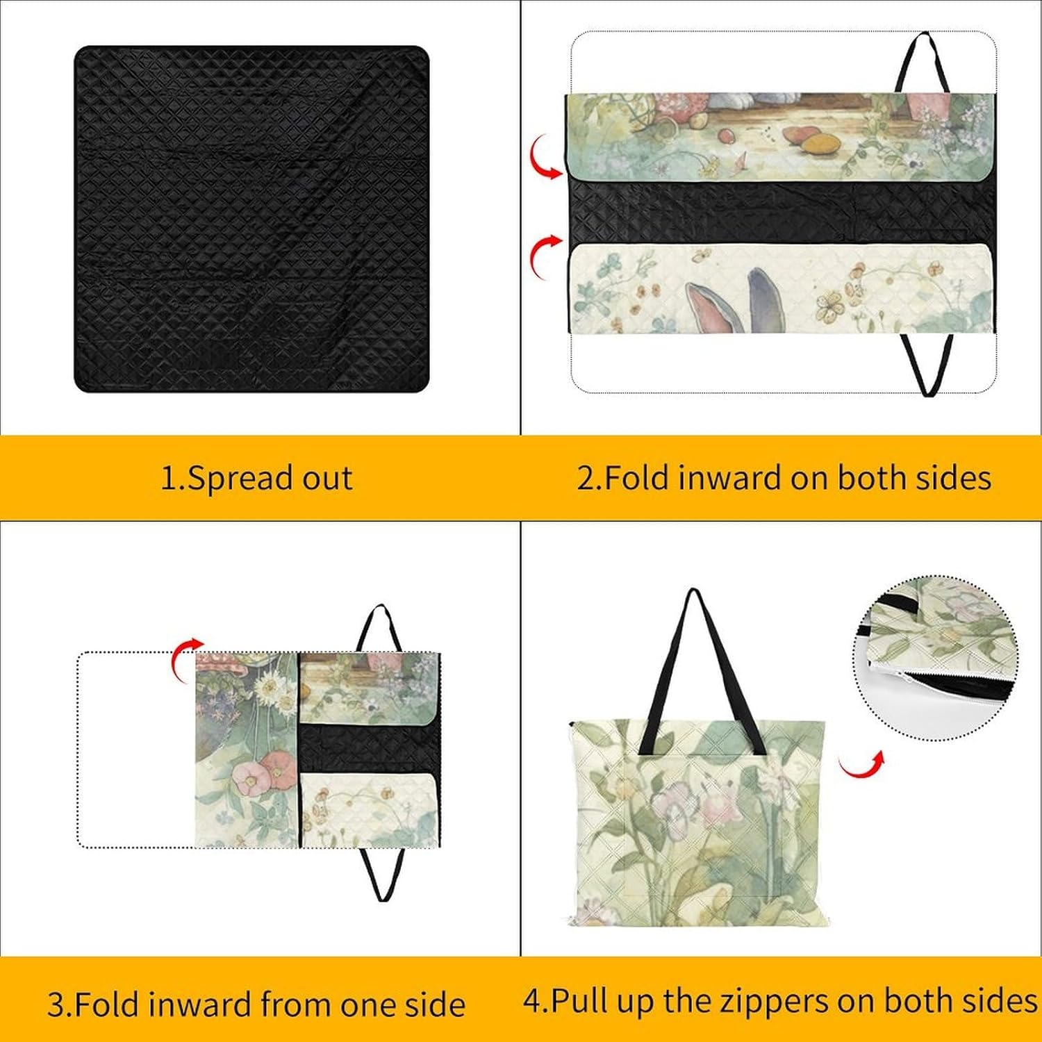 Garden Bunny Picnic Blanket with Zipper Water Resistant Sand Free Picnic Mat Washable Foldable Easy Carry Beach Blanket for Lawn Beach Hiking Camping