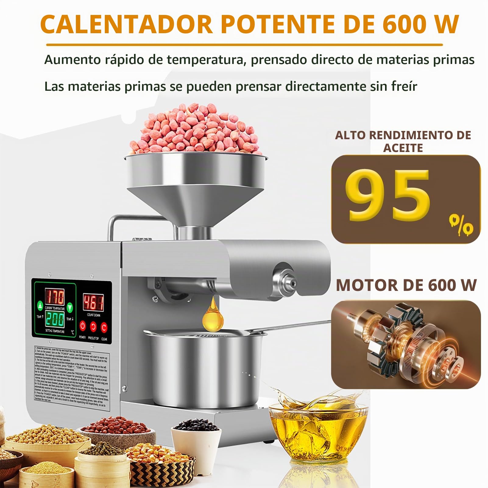 Extractor de Aceite de Acero Inoxidable de 820 W, Máquina automática de prensado de aceite, Prensa de Aceite eléctrica, Prensa en Frío y caliente para Cacahuetes, Girasoles, Aceitunas, 220V