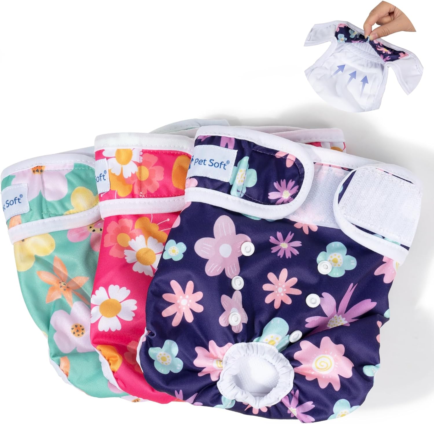 Pet Soft Washable Female Diapers (3 Pack) Female Dog Diapers, Comfort Reusable Doggy Diapers for Girl Dog in Period Heat (Bloom, XL)