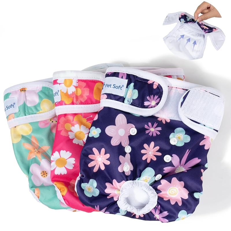 Fralda lavável para cadela Pet Soft com fechamento aderente, tamanho Grande (19,05–63,5 cm), pacote com 3