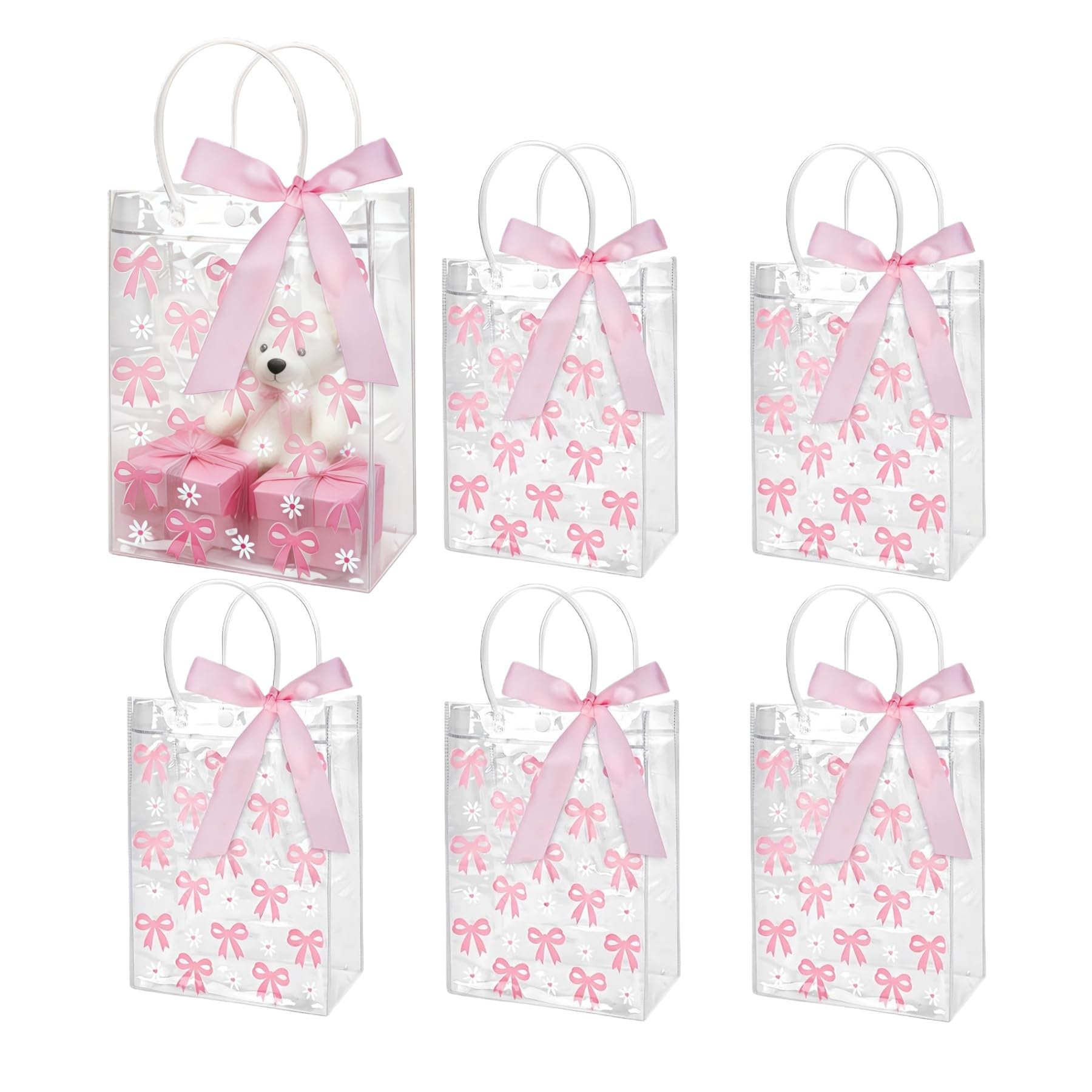 Dmnnlp 6 Pcs Pink Bow Clear Gift Bags, Girls Birthday Bag with Handle Ribbon Bow, Party Pink Bags for Birthdays Wedding Baby Shower Mother's Day Bachelorette Hen Party