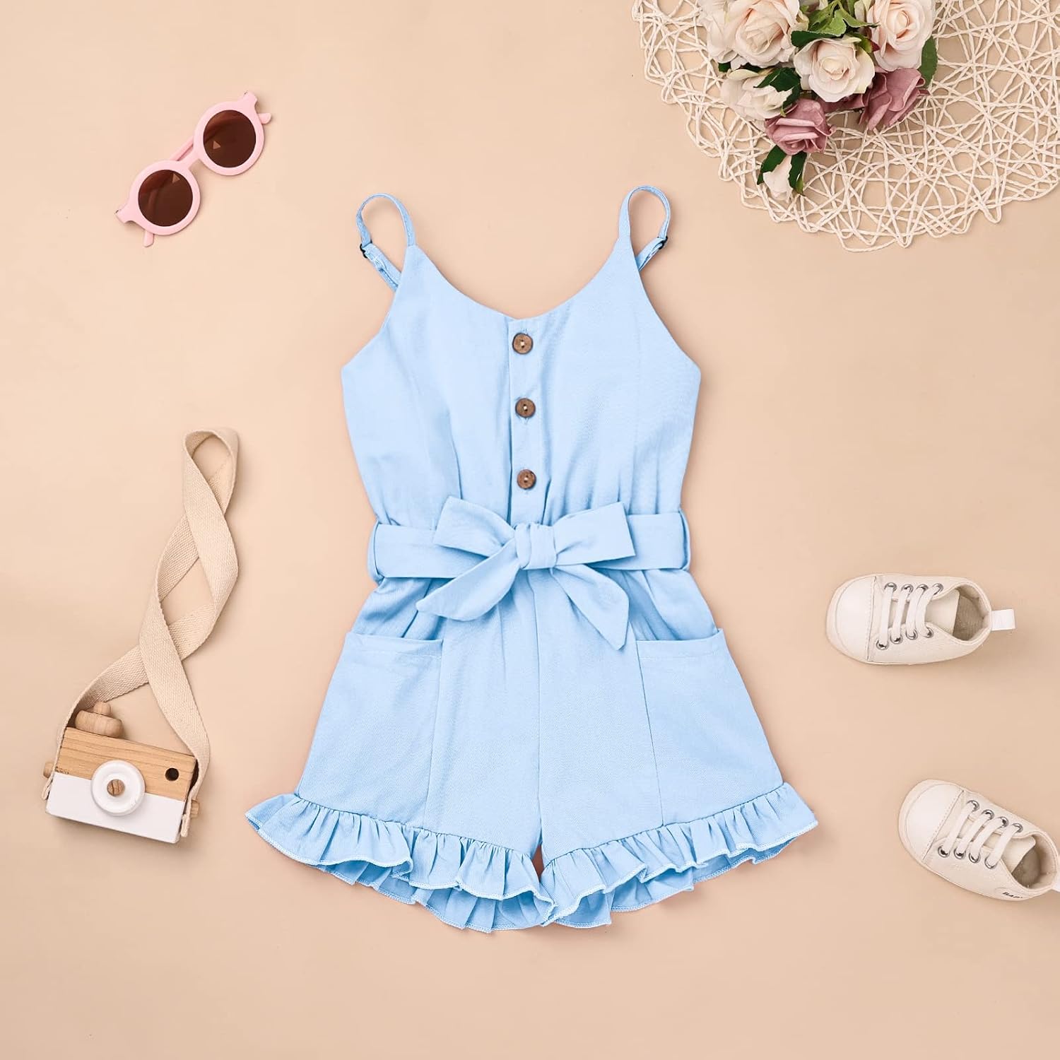 Toddler Girl Clothes Baby Adjusatble Strap Sleeveless One-Piece Romper Ruffle Summer Pocket Jumpsuit 6 months to 5T