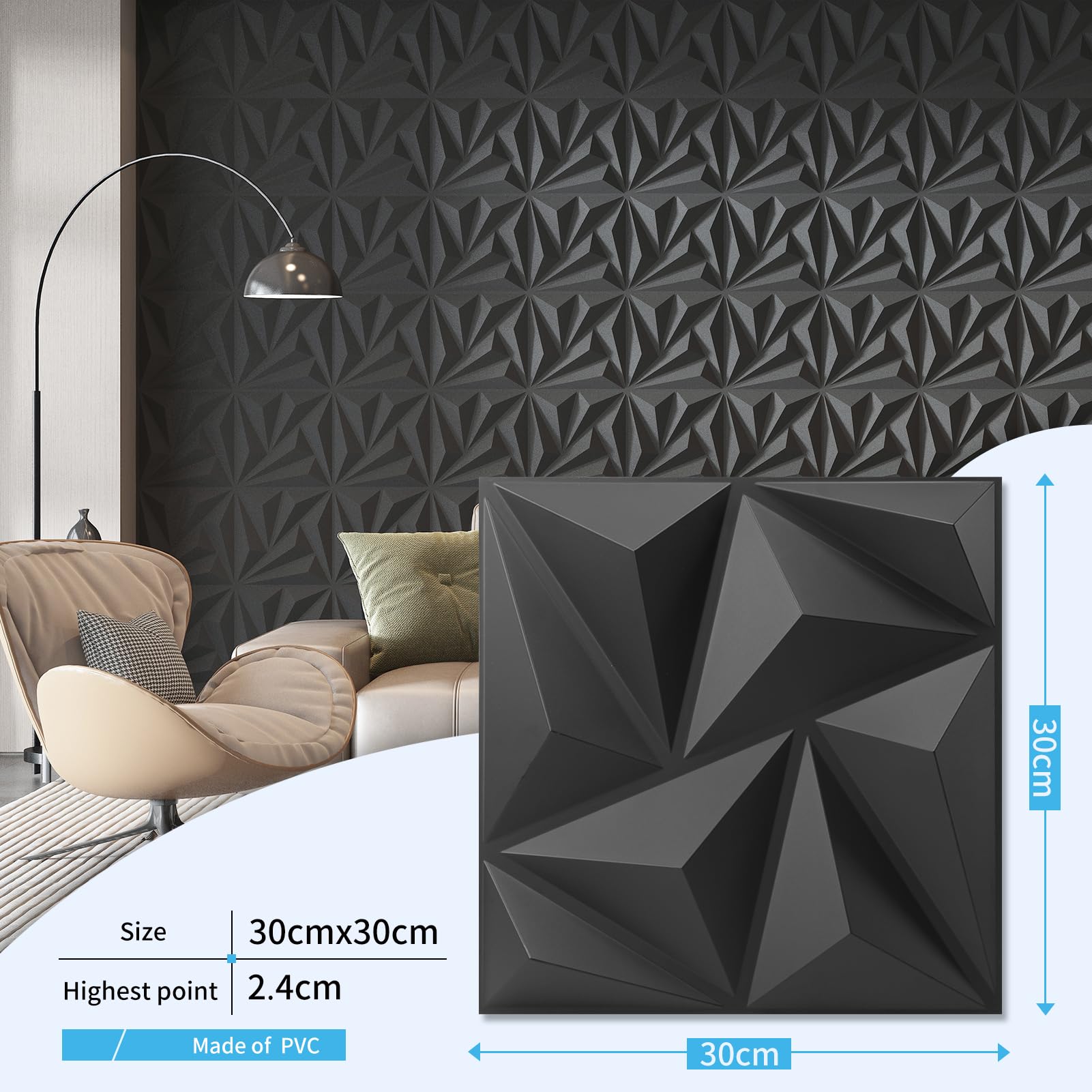 Art3d 20 Pack Decorative 3D Wall Panels Black 11.8"x11.8", 19 Sq.Feet PVC Interior Wall Decor - Image 3