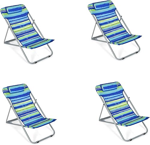 GYMAX Silla de playa, 2 piezas para adultos con respaldo ajustable de 3 niveles y almohada extraíble, silla de campamento reclinable portátil para