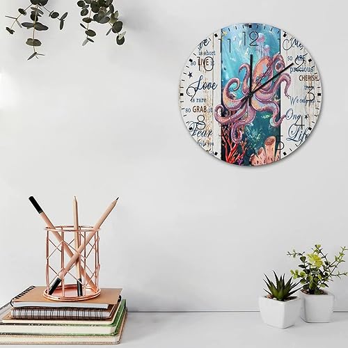 Miniatura 2 de Wood Wall Clocks Silent Non-Ticking Large Numbers Battery Operated Nautical Beach Ocean Theme Underwater Octopus Country Wall Clocks Watercolor
