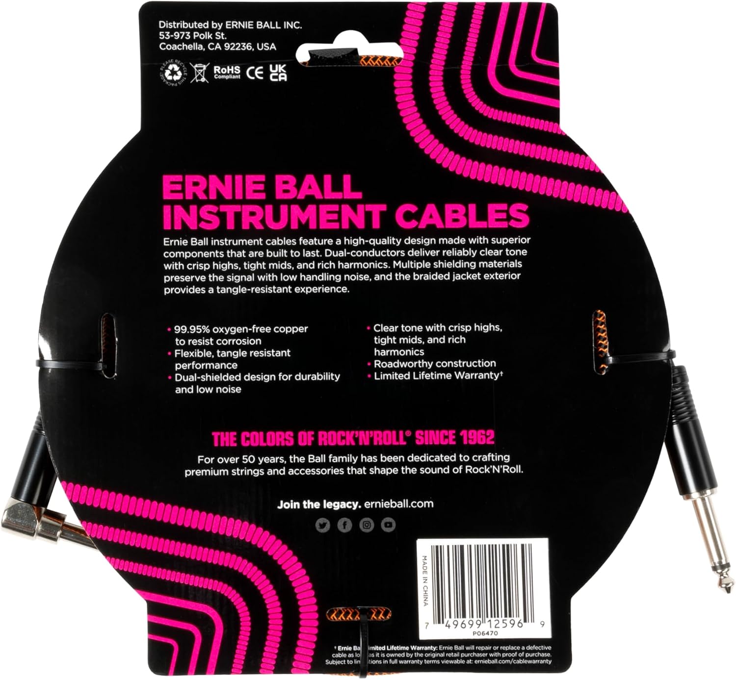 Ernie Ball Braided Instrument Cable Straight/Angle 10ft - Pumpkin Pie