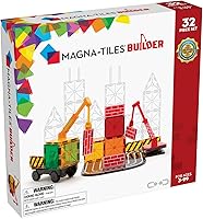 MAGNA-TILES Builder 32-Piece Magnetic Construction Set: Original STEM Toy with Cranes & Roads for Kids