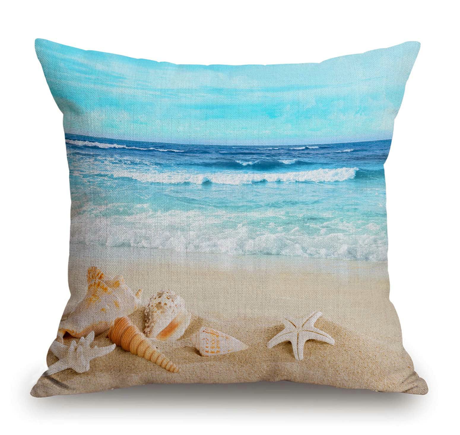 Seashell Starfish Beach Themed Pattern Cotton Linen Throw Pillow Case Hawaiia Tropical Sea Waves Blue Sky and Seaside Scene Pillow Cushion Cover Home Sofa Decorative 18 X 18 Inch (Cushion Cover)