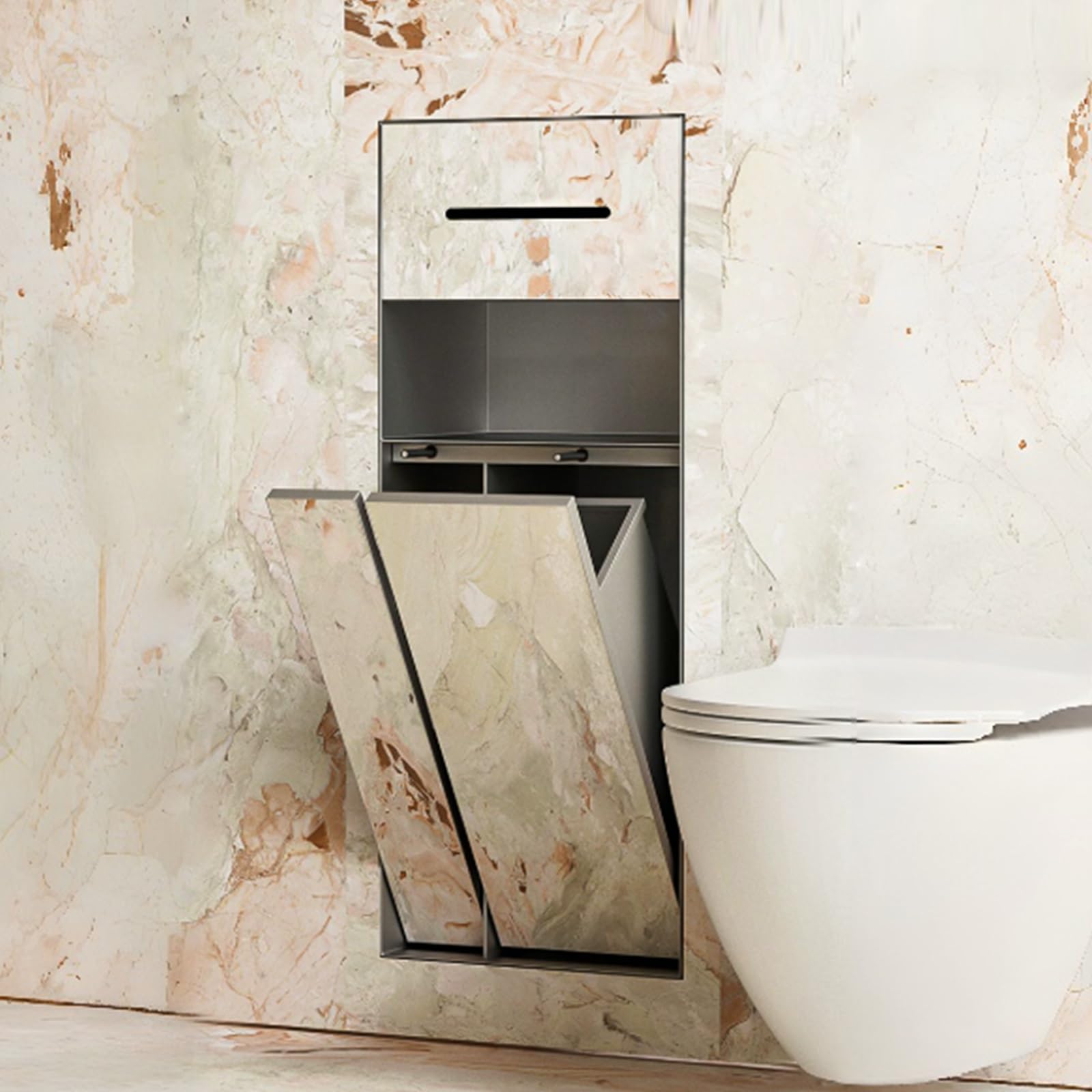 Nicho Oculto para Papel higiénico con Estante y Cubo de Basura, | Con cubo de basura oculto y soporte para papel higiénico,Requiere Panel (no Incluido),para reformas de Pared(Gray,34*79*14cm)