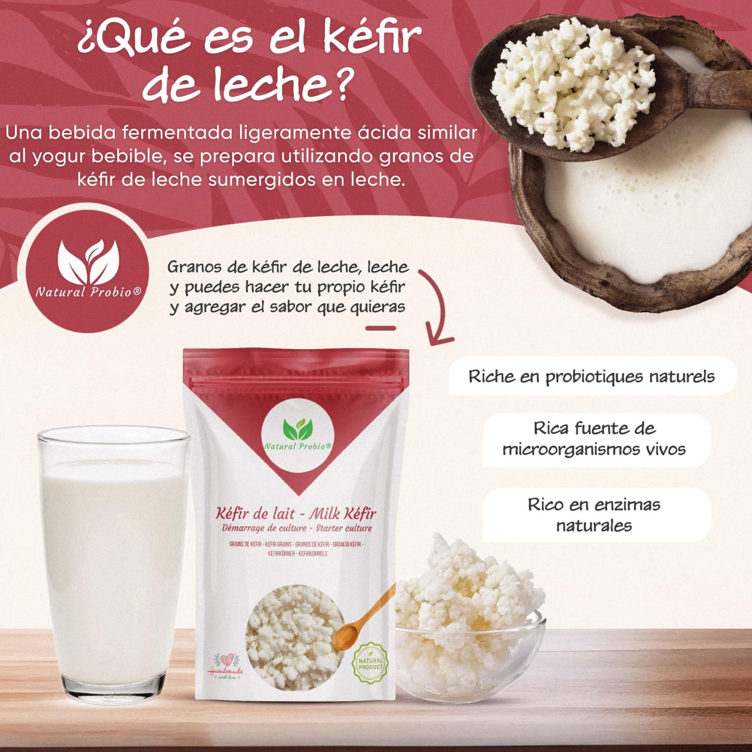 Natural Probio® Kéfir de leche, kit de inicio de cultivo de granos fermentados lácticos naturales, con leche certificada sin OGM, probiótico natural, instrucciones, receta y consejos (10g)