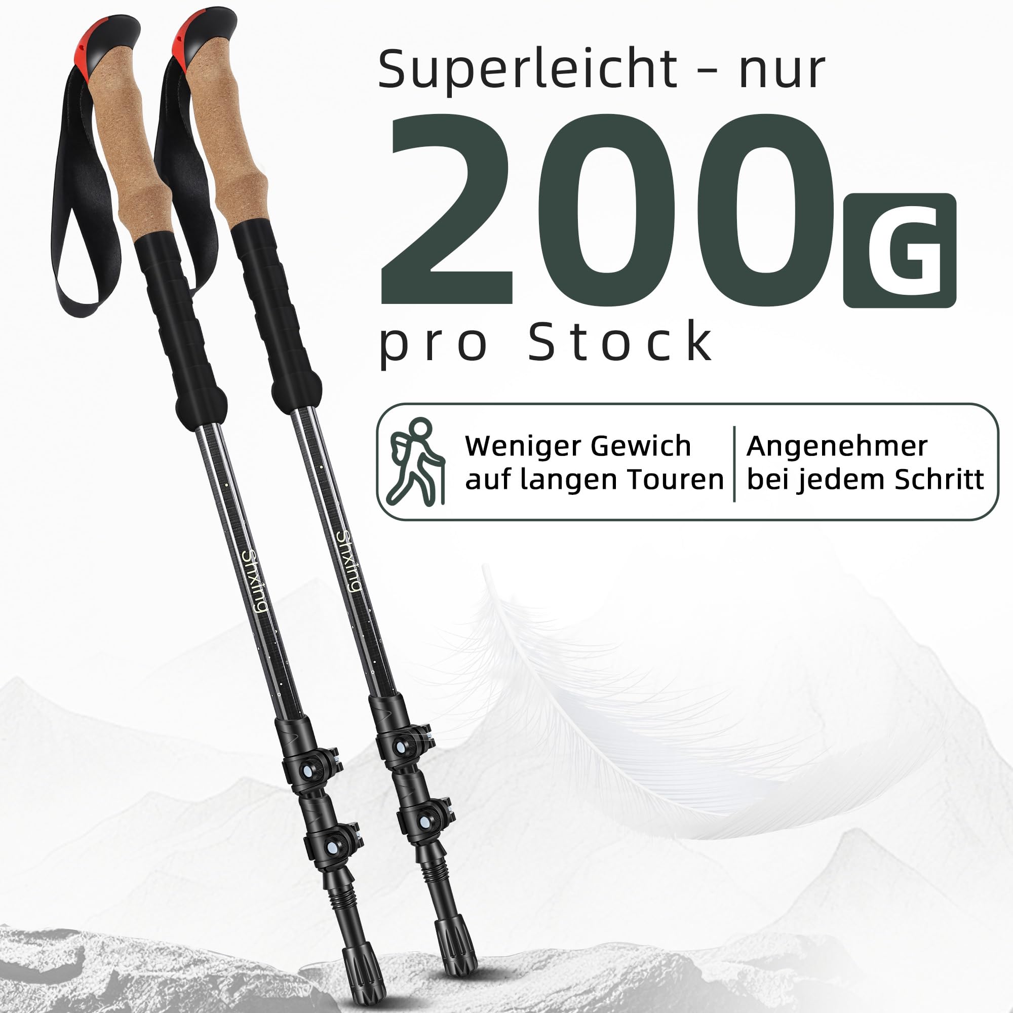 Teleskop-Wanderstöcke Carbon 2er Set, 200 g pro Stock, Schwarz | 62–135 cm verstellbar, Korkgriff mit EVA, Alu-Verschluss, Tasche & 10 Zubehörteile, für Wandern & Trekking