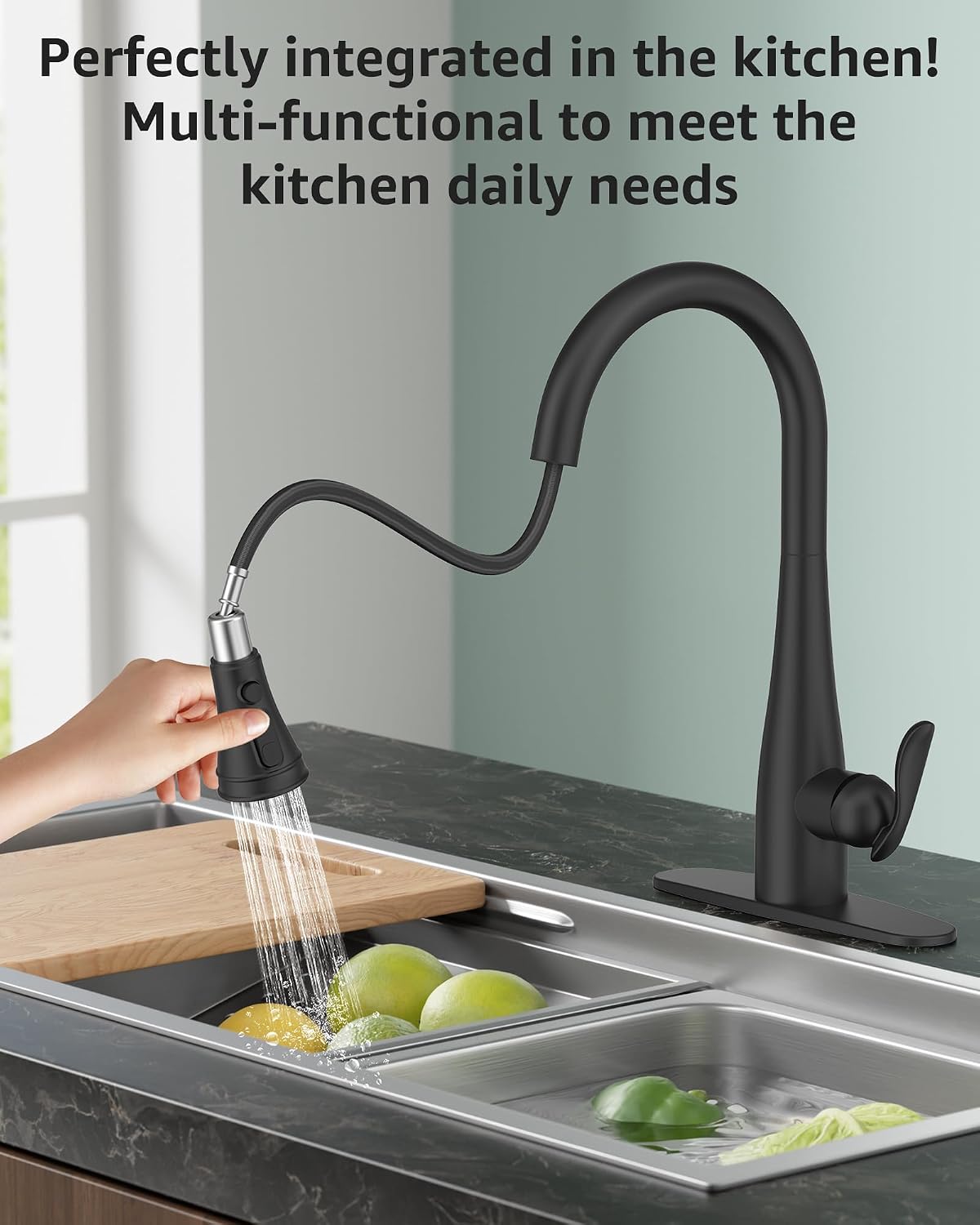 Mbillion Matte Black 3-Function Kitchen Faucet Head Replacement | Universal pull-down nozzle with 14 adapters, fits Moen, Delta, Kohler, WEWE & American Standard kitchen faucets