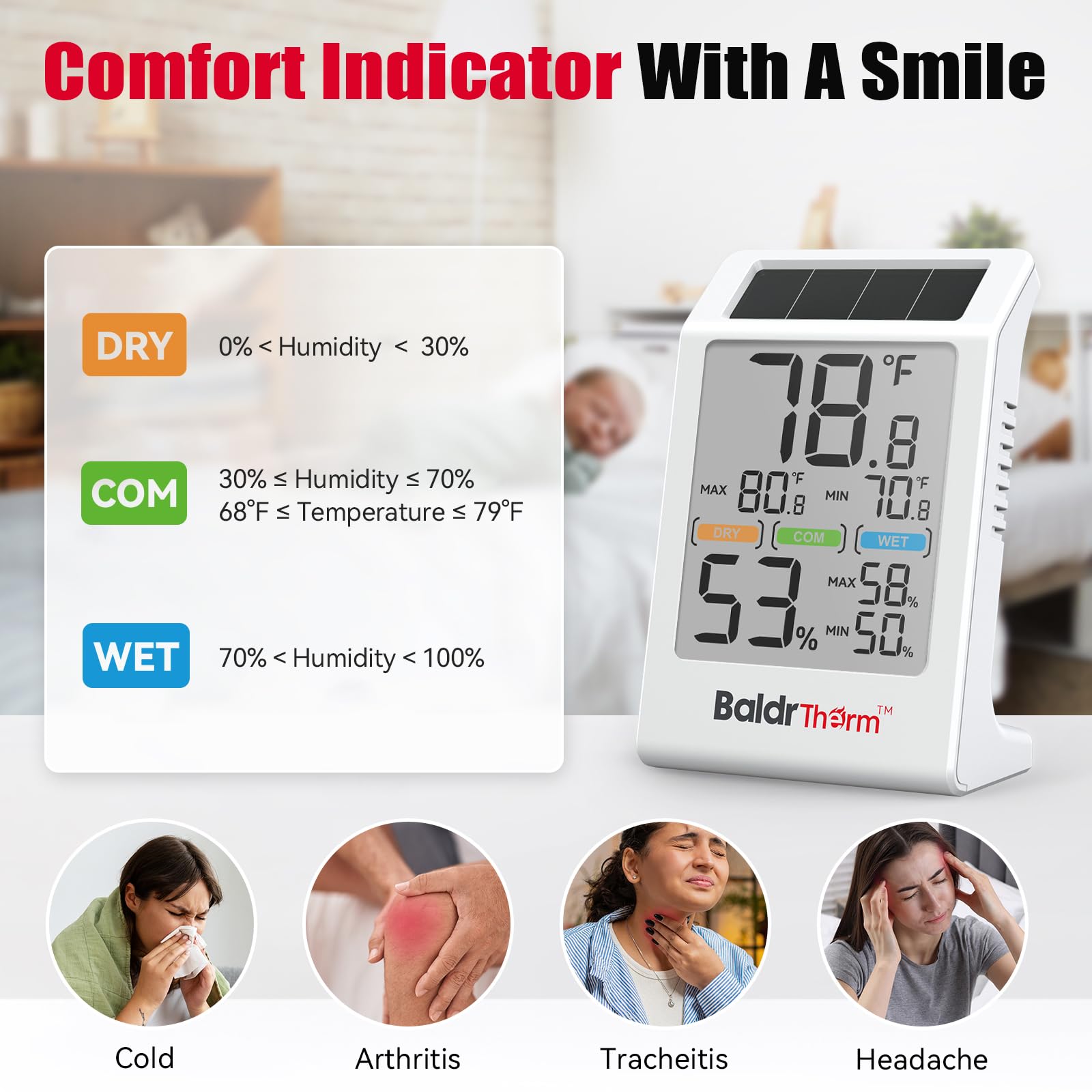 BaldrTherm Raumthermometer, Luftfeuchtigkeitsmesser, solarbetrieben, mit Max/Min-Speicher und Komfortanzeige, 8,1 cm großes Display für Zuhause, Weiß, 3 Stück