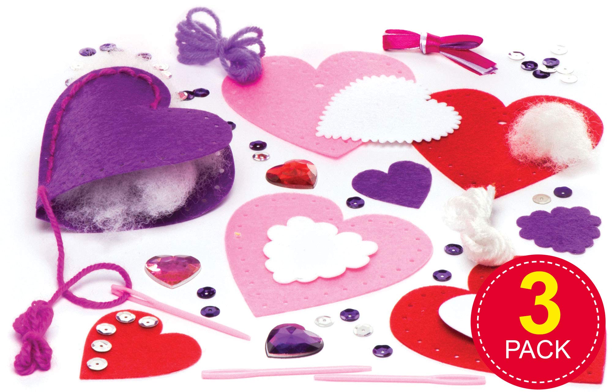 Baker Ross Heart Decoration Sewing Kits (Pack of 3) for Kids to Make Display or Gift For Mothers Day/Valentines Day Assorted AW102 - Image 3