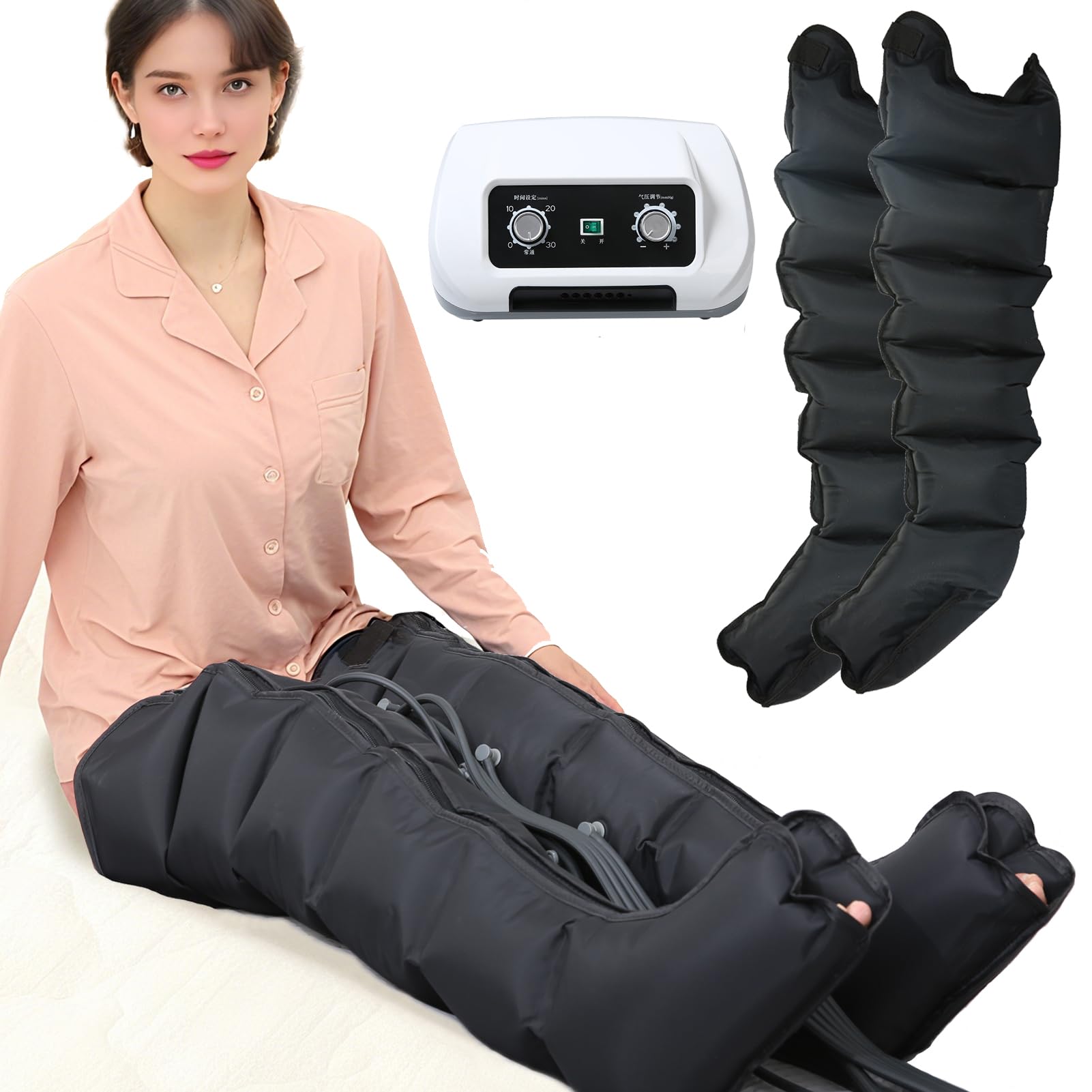 Botas de Presoterapia Profesional 6 Cámaras, Negro Piernas XXL | Drenaje Linfático, Masajeador Compresión de Aire, Mejora la Circulación, Relajación Muscular, Presión Ajustable, Temporizador