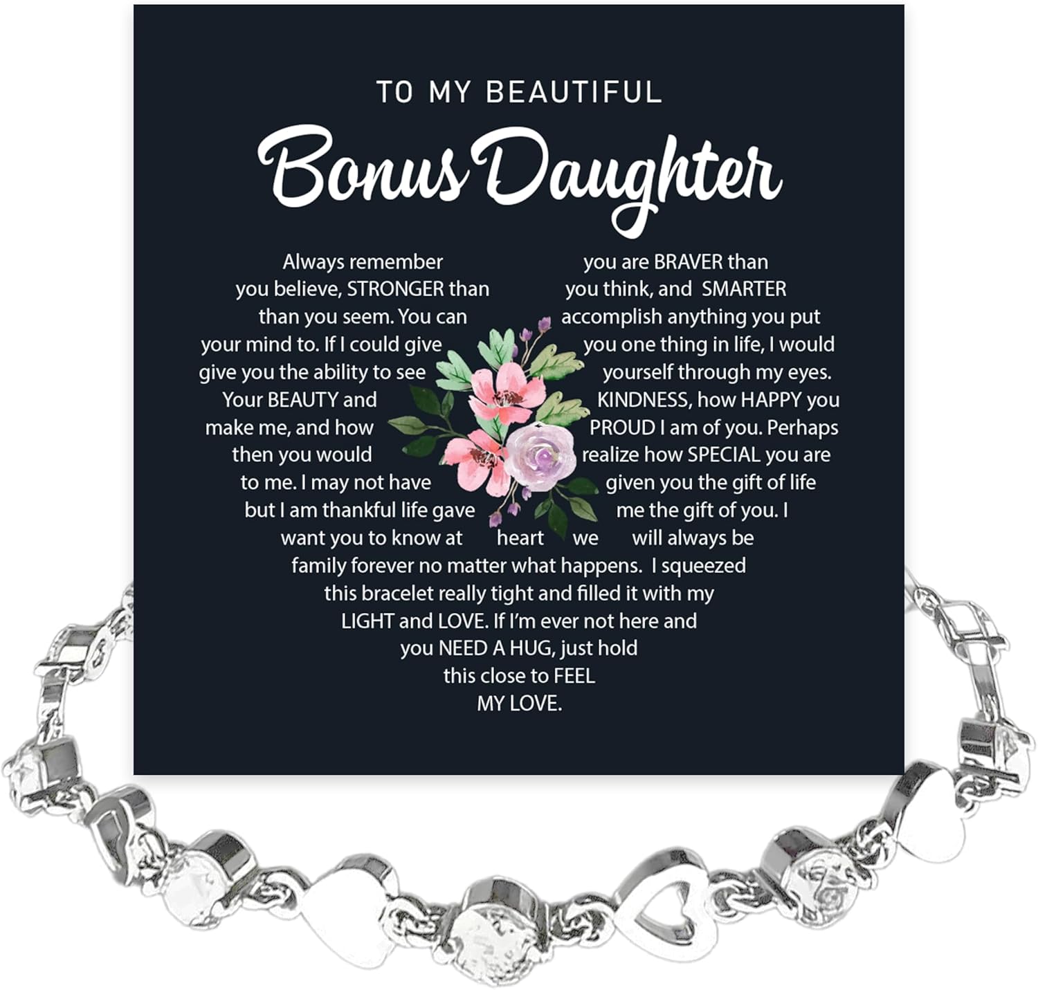 To My Bonus Daughter Crystal Heart Bracelet From Step Mom Dad, To My Stepdaughter, Goddaughter Jewelry, Birthday Graduation Christmas Gift With Heartfelt Message & Elegant Box