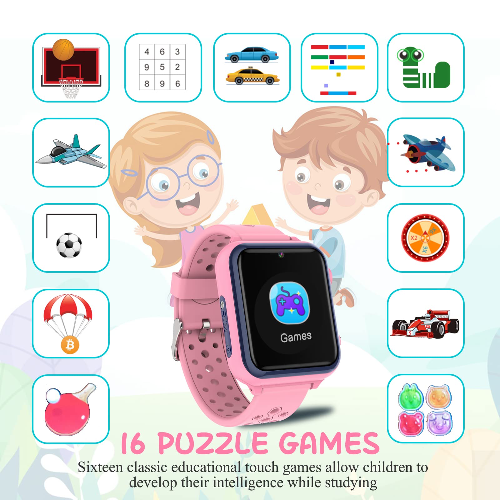 Smartwatch Kinder, Spiele, Telefon für Mädchen und Jungen (Pink)
