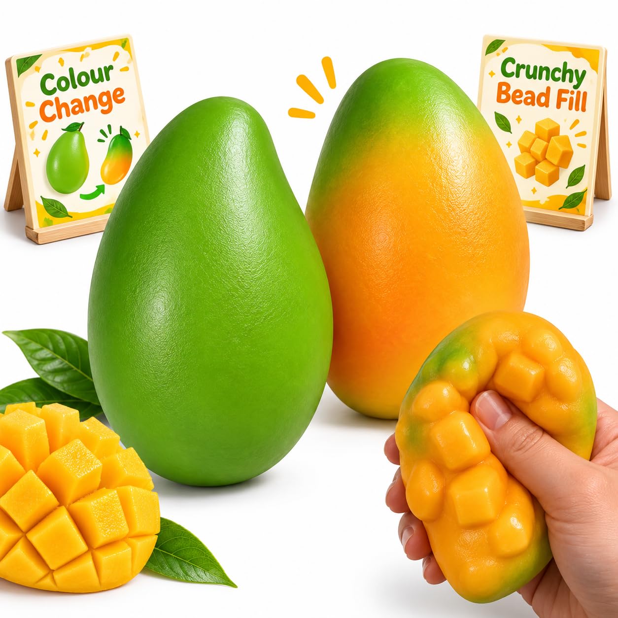 Crunchy Mango Squishy, 2-Pack Thermal Color Change Stress Relief Fidget Toy