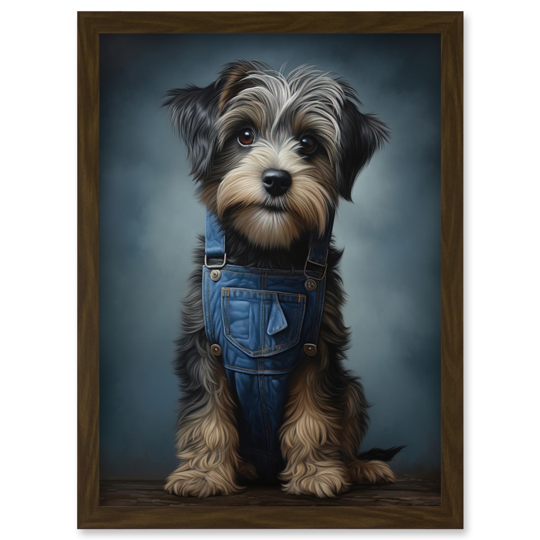 Artery8 Adorable Snorkie Dog in Blue Jean Dungarees Realistic Artwork Fun Pet Portrait Artwork Framed Wall Art Print A4