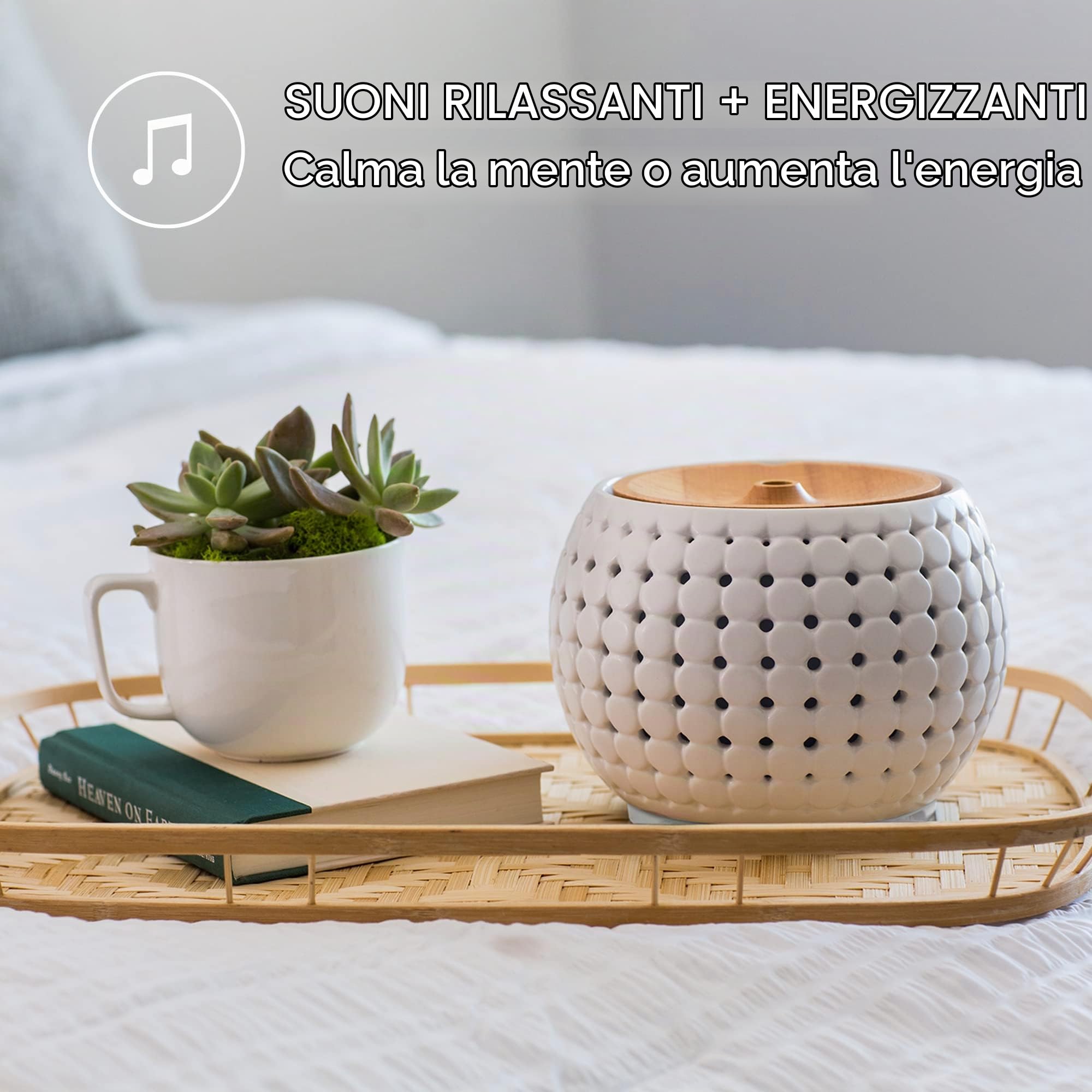 Homedics Ellia, Diffusore di Aromi e Oli Essenziali ad Ultrasuoni, Profumatore per Ambienti in Ceramica e Legno, Umidificatore Ambiente, Diffusore Ambiente con Luci Ambientali, Crema