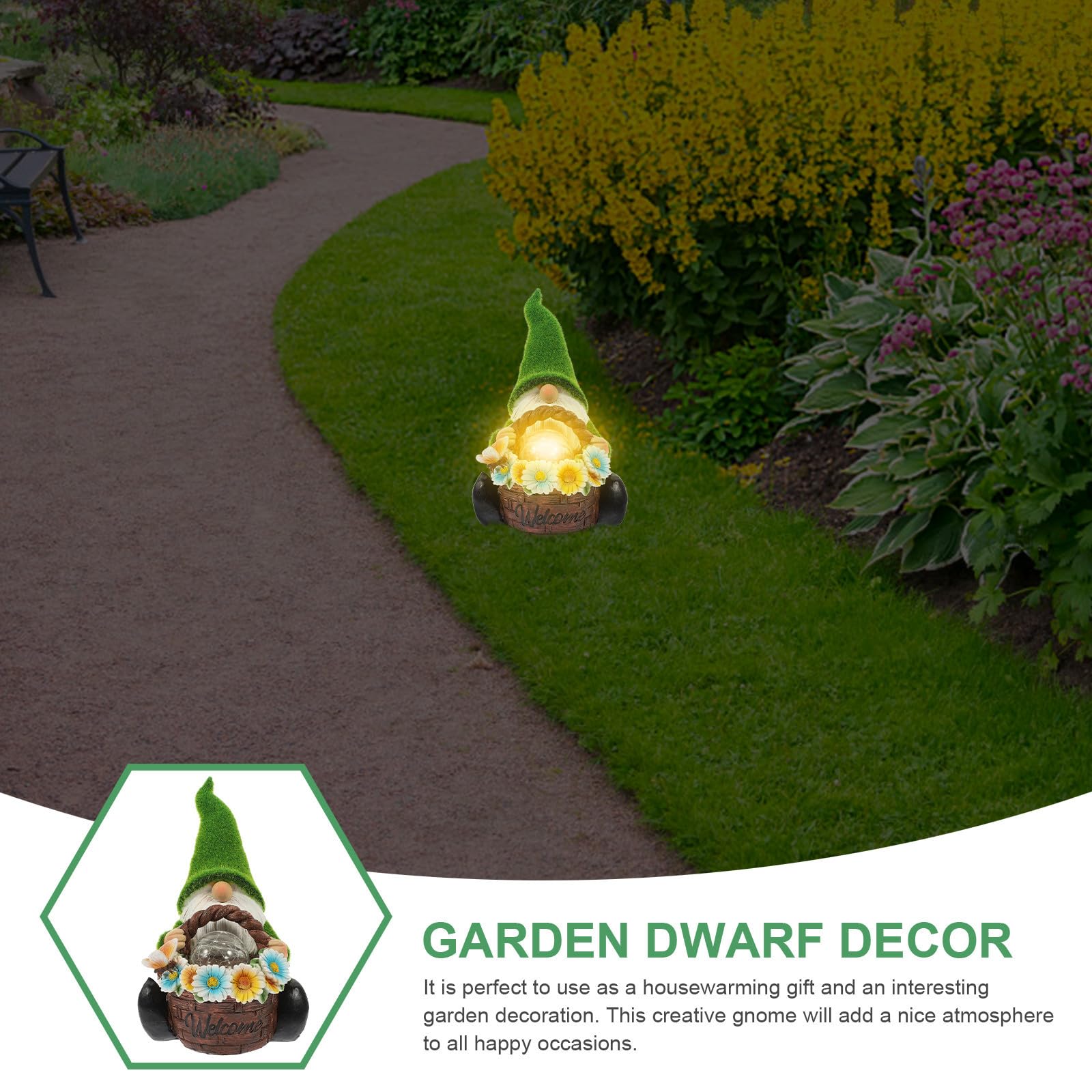 Lampada Solare da Giardino Gnomo in Resina Verde Decorativa | Luce Automatica Notturna, Tema Natale, per Giardino e Occasioni Felici