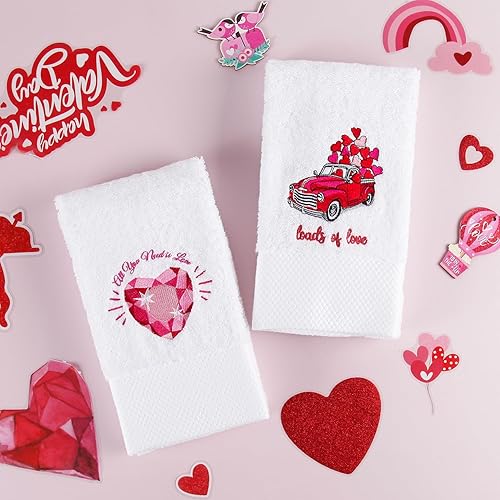 Miniatura 4 de Quera Paquete de 2 toallas de mano para el día de San Valentín, camión, corazón de diamante, 100% algodón, bordadas, decoración de lujo de primera