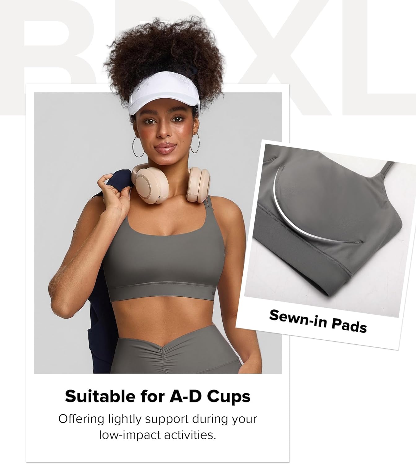 BRXL Sports Bra with Sewn in Pads Light Impact Adjustable Strappy Padded Push Up Sports Bra Criss Cross Back Yoga Workout