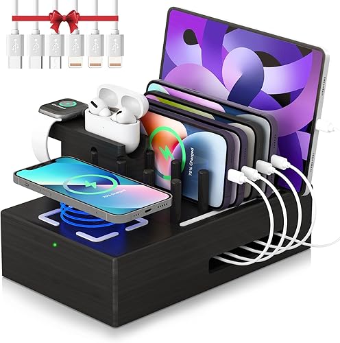 Darfoo - Estación de carga de bambú para múltiples dispositivos, cargador inalámbrico rápido certificado Qi y 7 puertos USB, estación de carga de