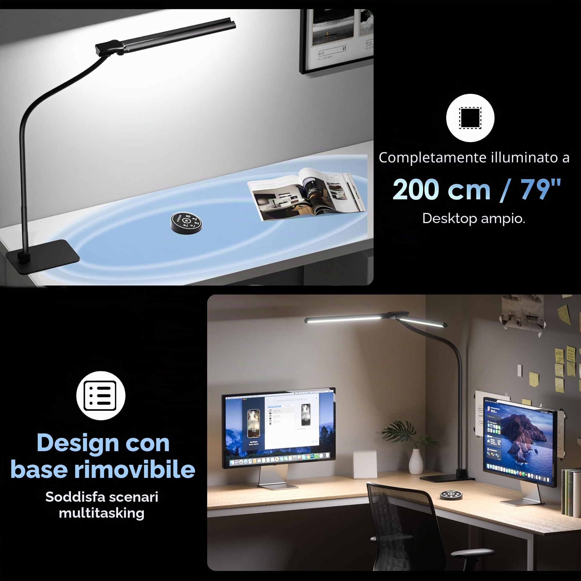 EYOCEAN Lampada da Scrivania, Lampada da Scrivania a Doppia Testa 24W 80cm con Telecomando, Temperatura di colore regolabile, senza abbagliamento, Lampada da Monitor Dimmerabile, PC Lampada per