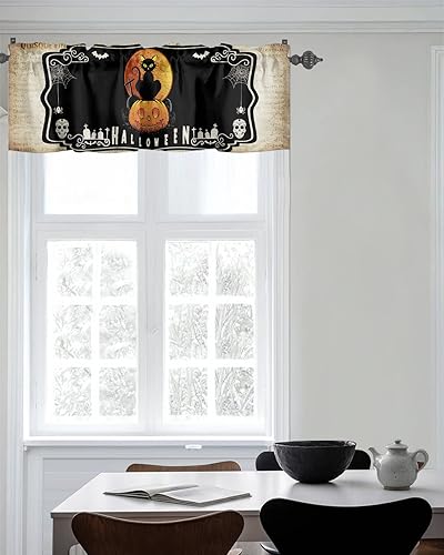 Miniatura 7 de Cortina de cenefas para cocina, cafetería, Halloween, espeluznante gato negro con calabaza, fantasma, cenefa de ventana, cortinas cortas de 54 x 18