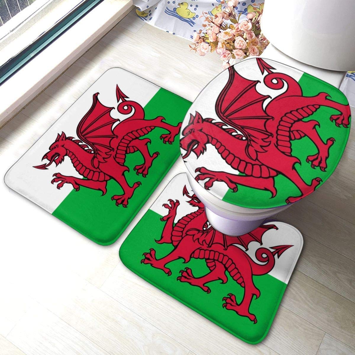 Redbeans Multicoloured Non Slip Bath Mat 3 Piece Flannel Bathroom Rug Set,Welsh Dragon Soft Pedestal Anti Slip Shower Mat Carpet Toilet Cover Rug Set