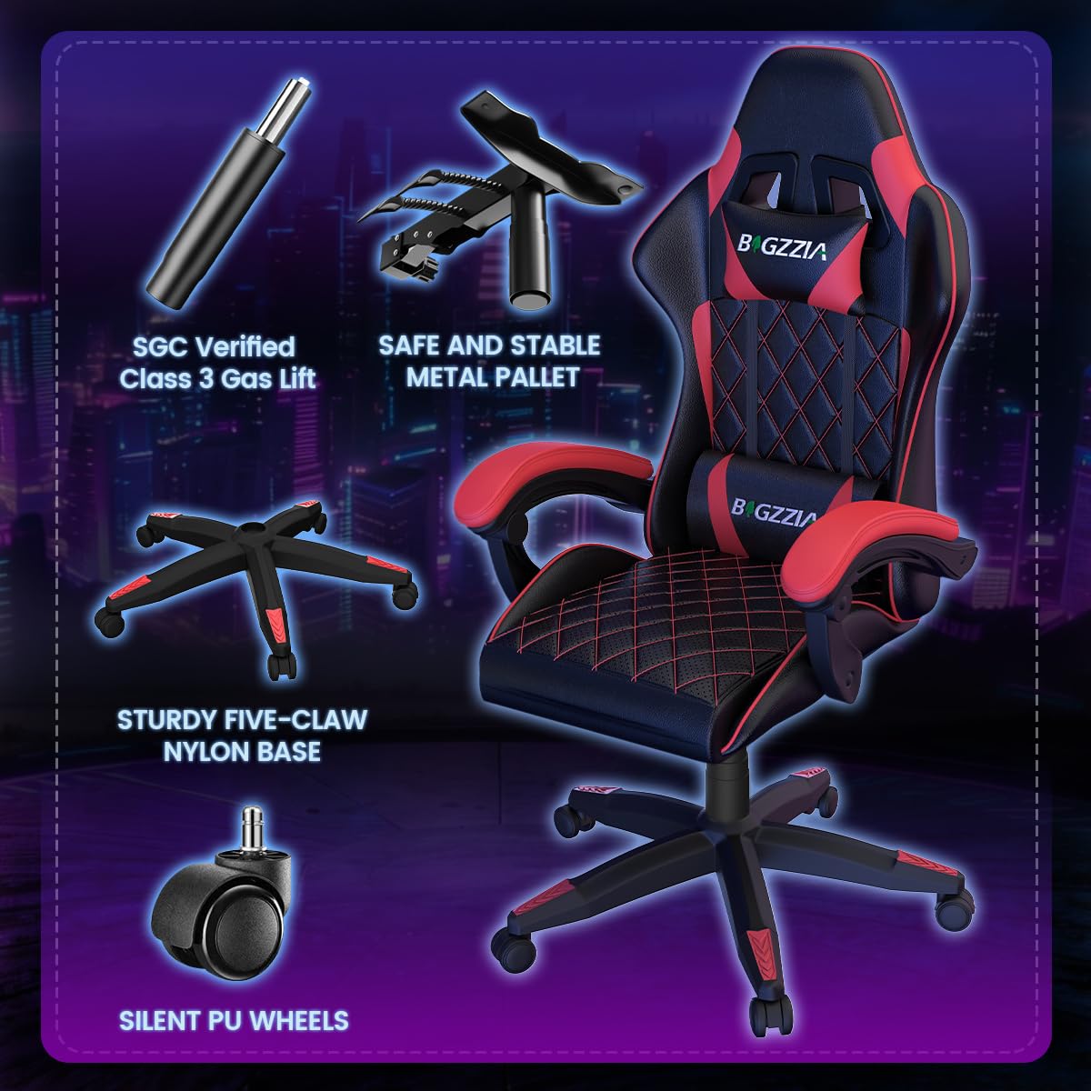 bigzzia Sedie Gaming, Sedie Gaming Ergonomiche con Cuscino Ventilato, Regolazione Angolo 90°-135°, Sedia da Gaming Schienale Alto con Supporto Testa, Ideale per Gaming, Studio e Ufficio (Rosso)