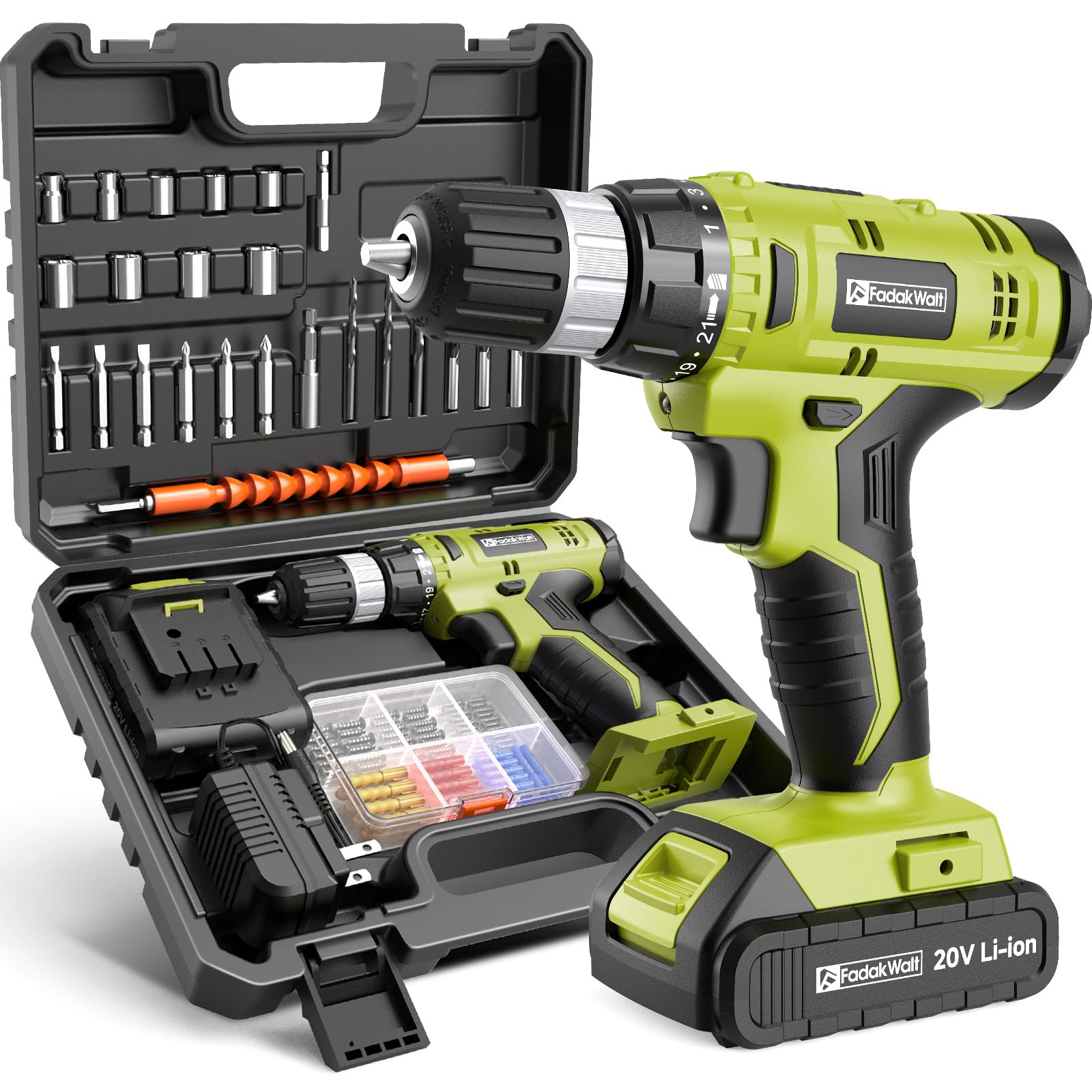 FADAKWALT 20V Cordless Drill Set with case，Powerful Drill bit Sets,Torque 30N,21+1 Torque Setting,3/8” inch Keyless Chuck, 40pcs,Electric Drill with 2.0AH Li-Ion Battery and LED Light.