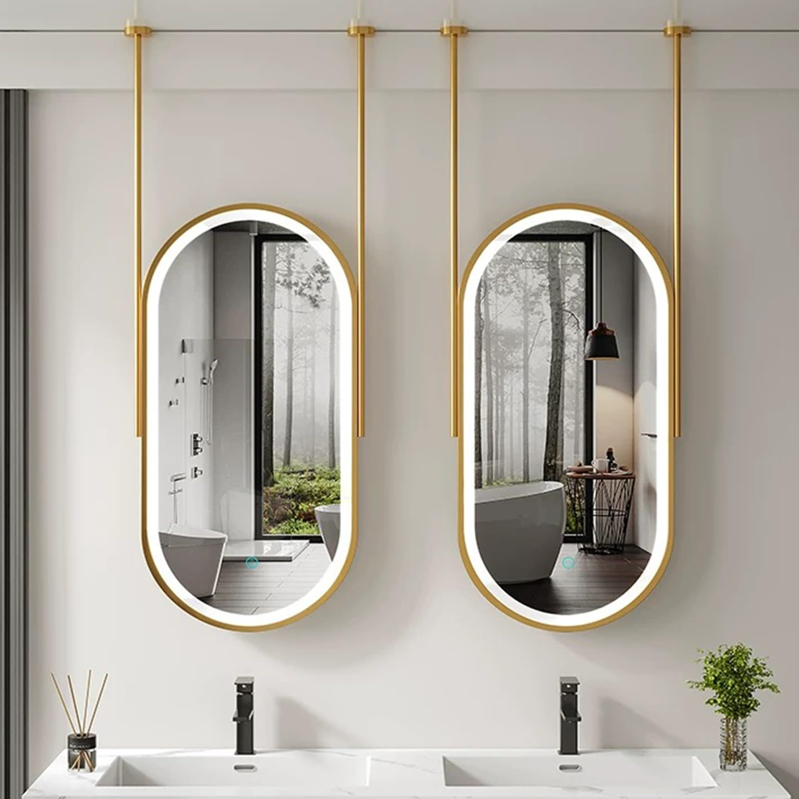 GLJTUO Hanging Rod Mirror with LED Light, Bathroom Vanity Makeup Mirrors for Wall Decor, Modern Oval Metal Frame Double Booms, 3 Colors Adjustable Light,size_name-70L x 40W cm