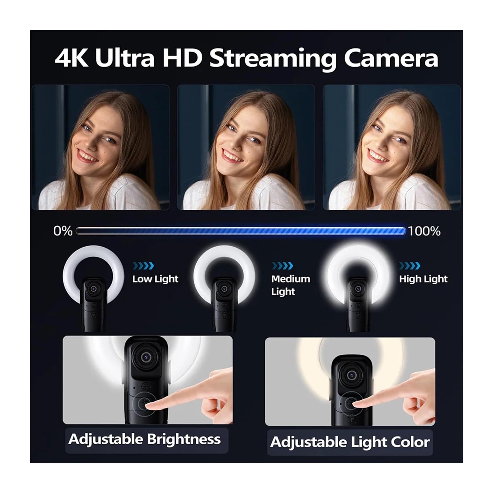 Webcam in streaming EXHQDR 4K con messa a fuoco automatica AI, luce anulare, microfono, telecomando, USB Plug and Play for videochiamate live zoom YouTube Incontri e streaming