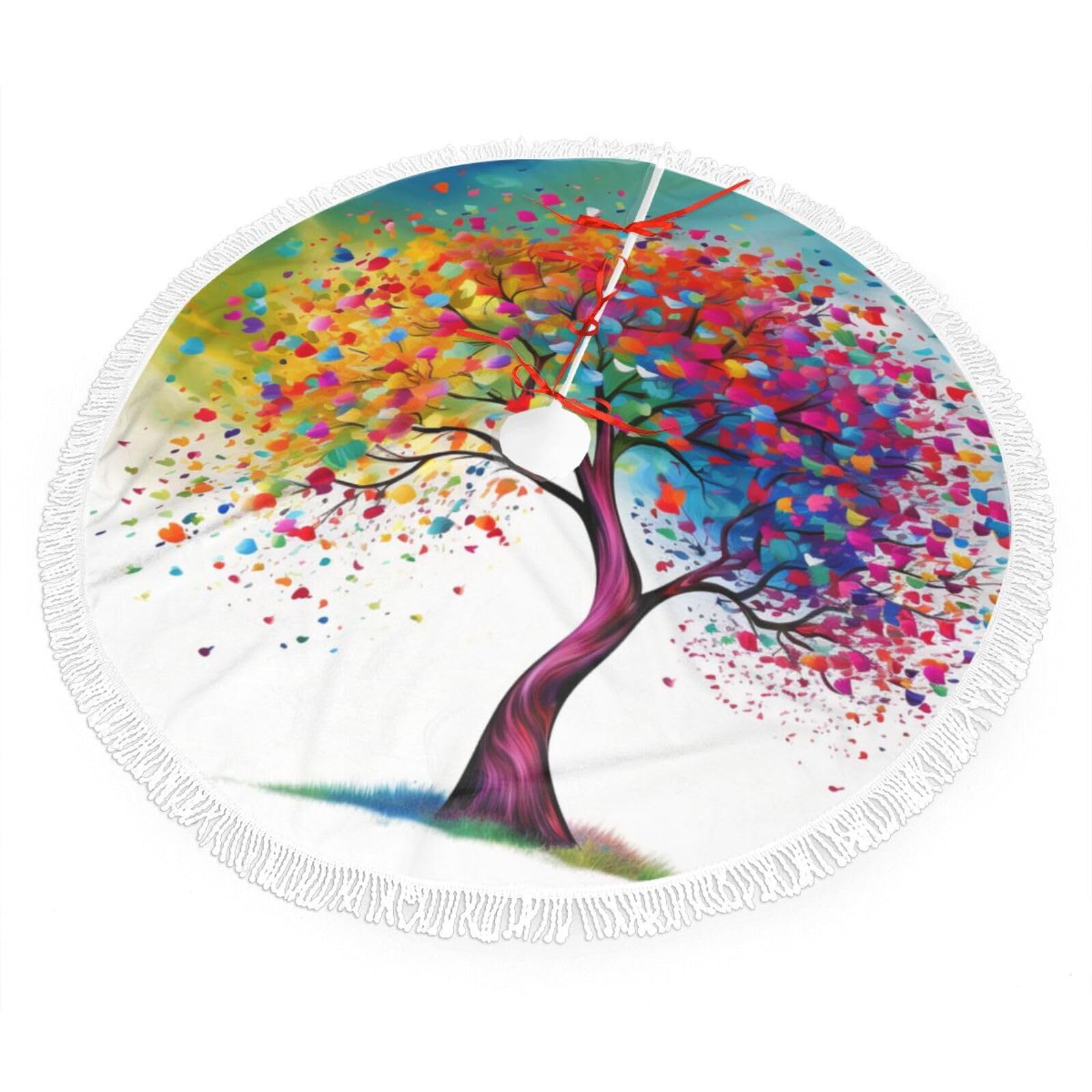 Colorful Tree Christmas Tree Skirt 48", Soft Plush Xmas Tree Carpet with Tassel Christmas Ornaments Winter Holiday Tree Mat Decoration for Home Party Supplies