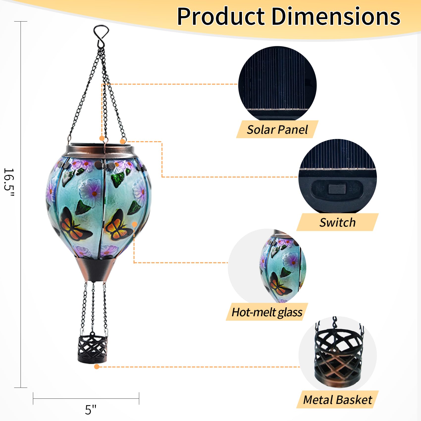 Festive Lights - Lanterna Mongolfiera LED SMD SMD 45 Cm - Effetto Vetro Ambrato - Luce Da Giardino Fiammeggiante Con Manico