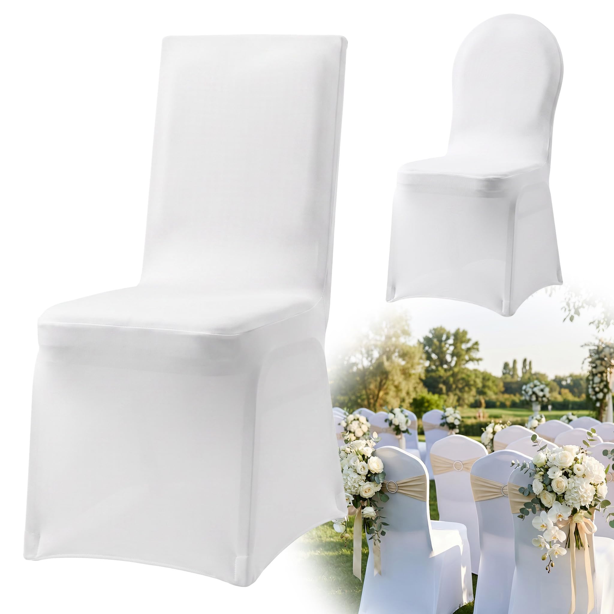 Aufun Lot de 50 Housses de Chaise universelles en Lycra pour Salle à Manger, Mariage, hôtel, Restaurant, Banquet, fête, Blanc 50 pezzi Bianchi Blanc