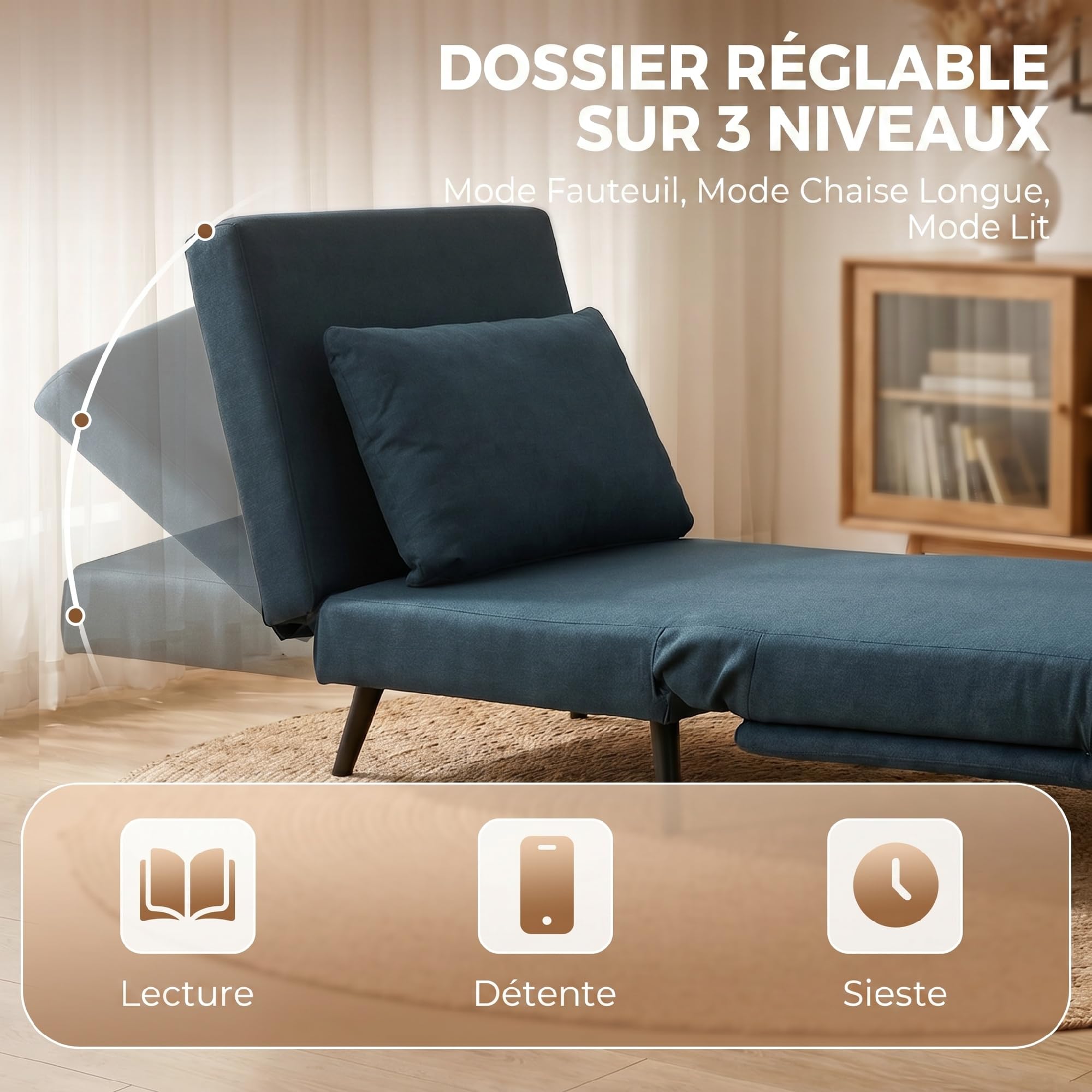 HOMCOM Fauteuil Convertible 1 Place 3 en 1 Oreiller 75 x 188 cm Bleu