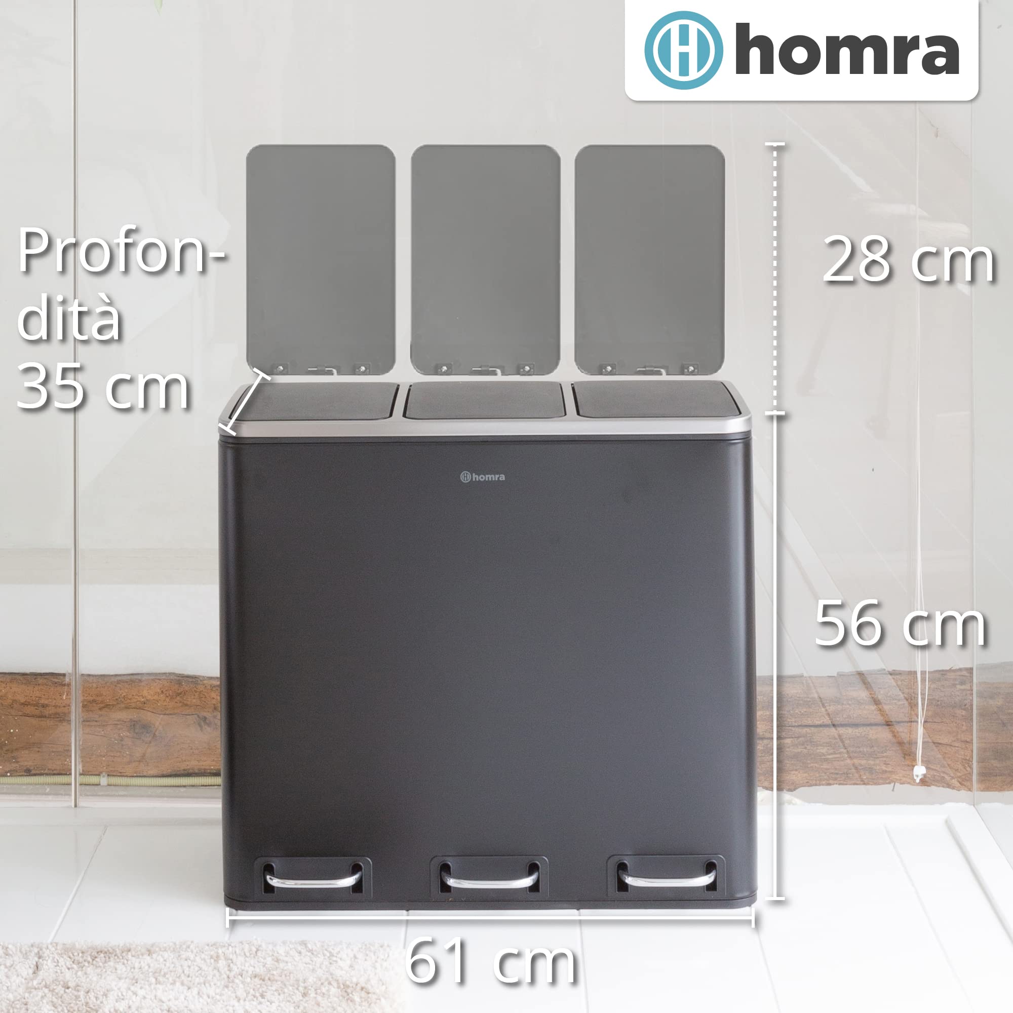 Homra Cestino Spazzatura Sparq da 54L - Pattumiera Differenziata 3 Scomparti - Secchio Spazzatura 3x18 litri - Pattumiera con Pedale in Acciaio Inox - Sistema Differenziata 3 Contenitori in 1. Nero