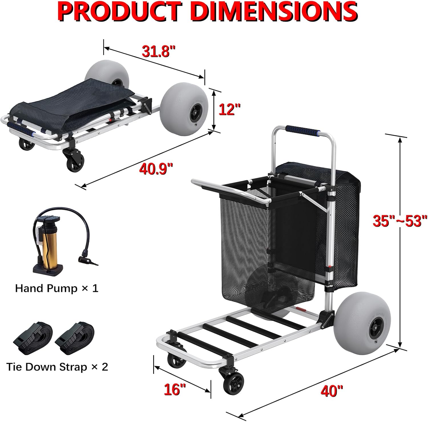GDLF Beach Cart for All Types of Sand, Foldable Beach Cart with Adjustable Handle and 12" Balloon Wheels, Heavy Duty Aluminum Sand Wagon 220LBS Loading Capacity and Large Cargo Deck 29.5" x 16"