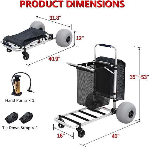 Miniatura 7 de GDLF Carrito de playa para todo tipo de arena, carrito de playa plegable con mango ajustable y ruedas de globo de 12 pulgadas, carro de arena de